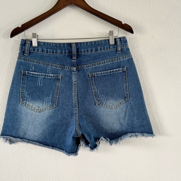 Floral Patchwork Raw Hem Denim Shorts Medium Boho Festival Edgy High Waist - Picture 11 of 12